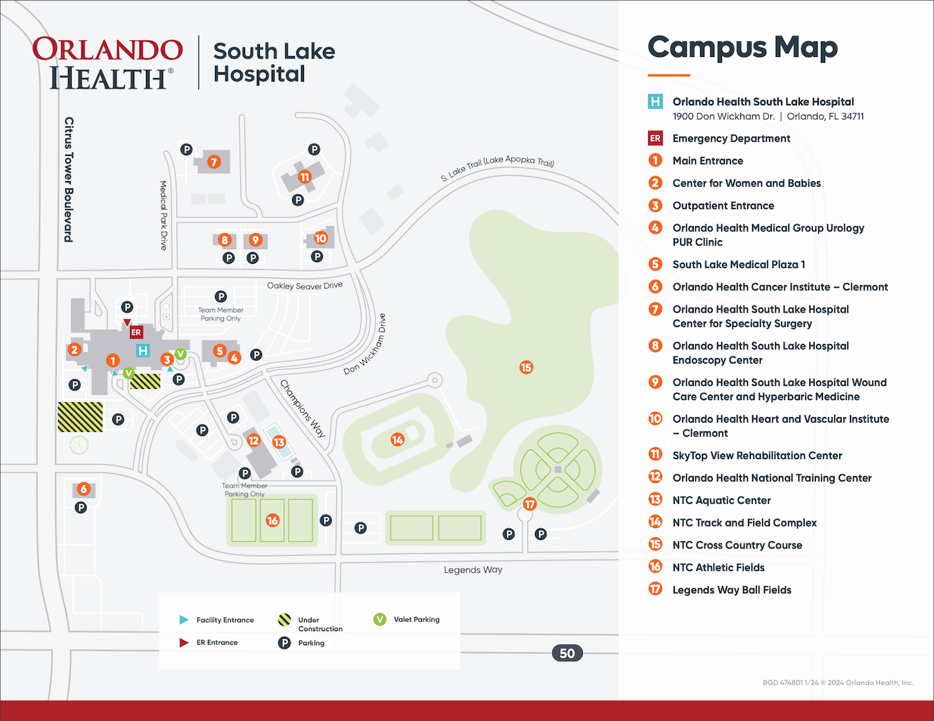 Map of Orlando Health South Lake Hospital campus. A PDF of the map can be downloaded at the bottom of the page.